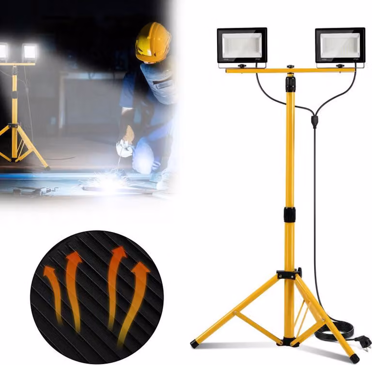 Faretto da cantiere a LED Ikodm con treppiede, 2x50 W, grado di protezione IP66, faretto da esterno regolabile in altezza, 6500 K, per cantieri, garage, officine e giardini