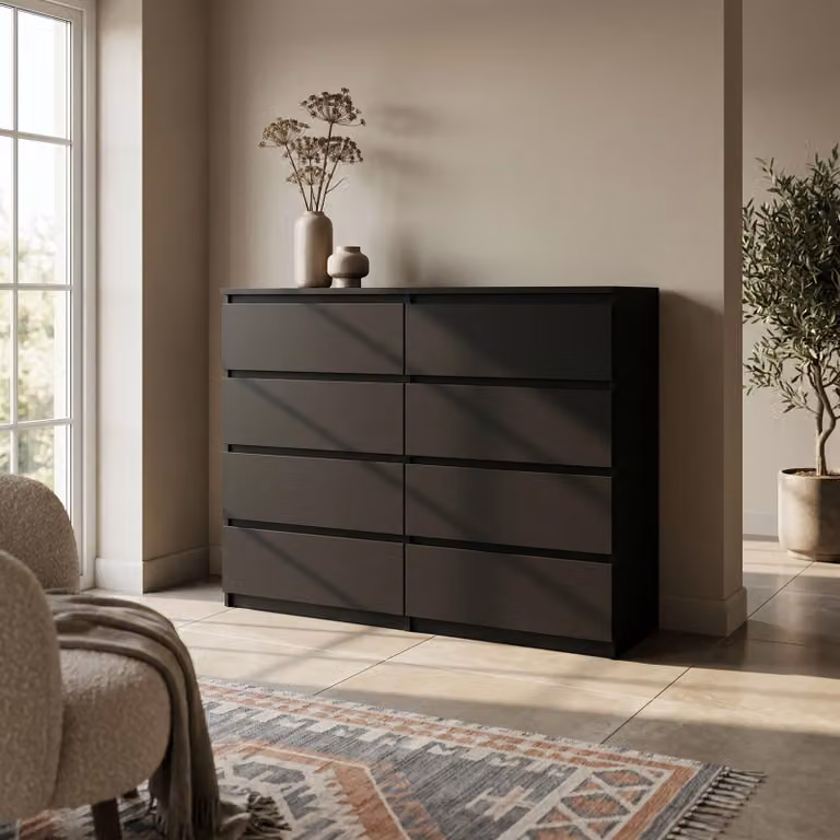 Comodà Masseno NUDO da 138,5 cm con 8 cassetti e ante, per soggiorno e camera da letto, stile moderno, 138,5 x 39 x 101,5 cm, nero / nero