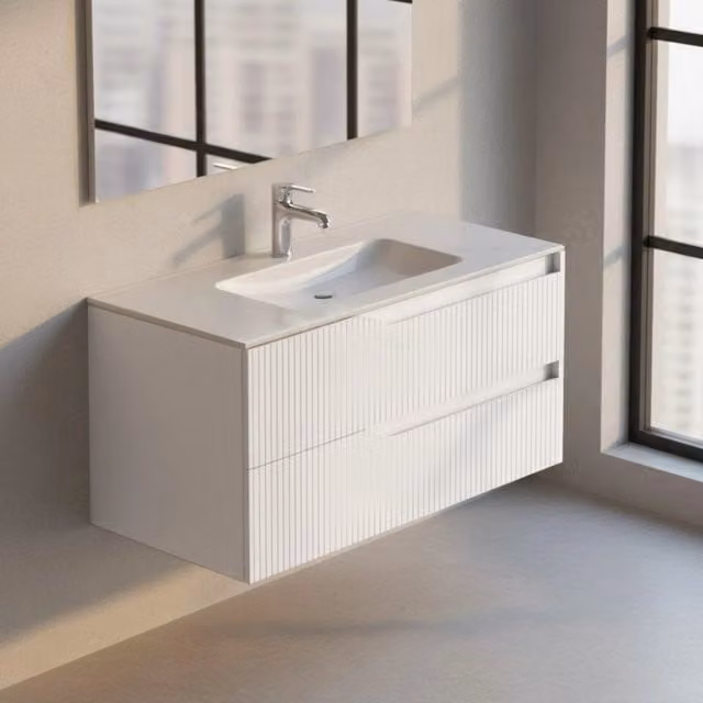 Mobile bagno sospeso Soho colore bianco opaco con cassetti effetto cannettato 100x45x50H