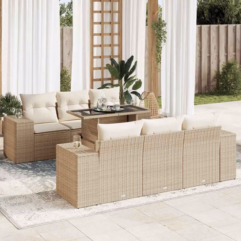 Set di divani da giardino vidaXL in polyrattan beige con cuscini e tavolino da esterno 7 pezzi