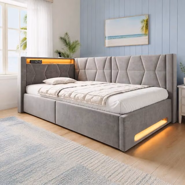 Letto singolo imbottito 90 × 200 cm con contenitore idraulico in velluto grigio scuro LED USB Type-C rete a doghe