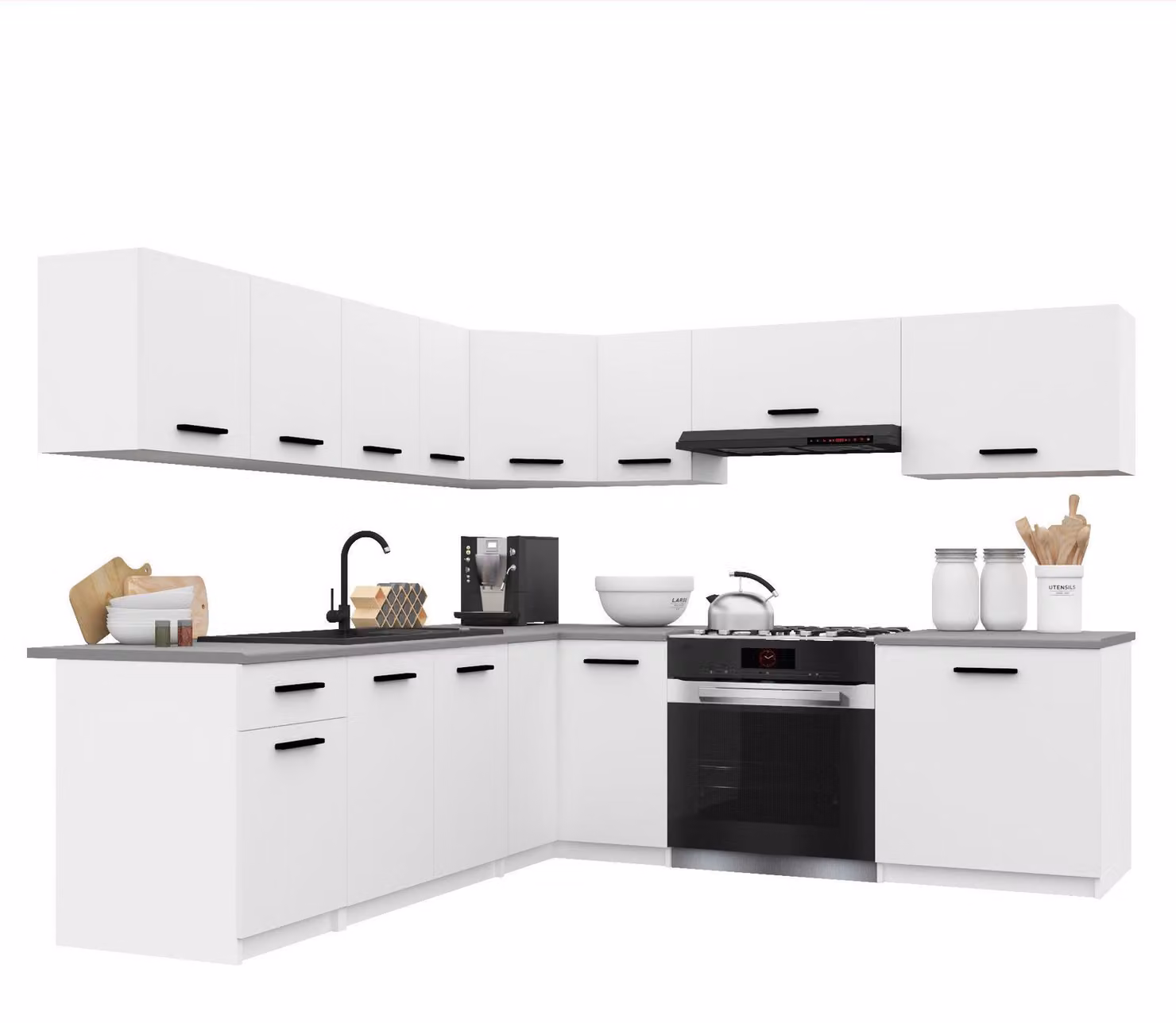 Belini - Angolo cottura moderno ITALIA 7 - Mobili da cucina 420 cm bianco opaco - Cucina componibile con pensili, mobili base e piani di lavoro