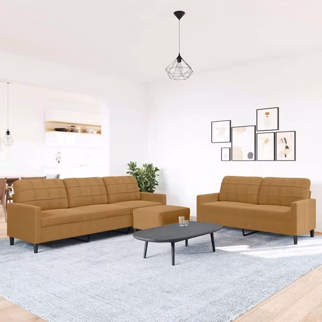 Set di divani moderno vidaXL in velluto marrone con pouf e cuscini, composto da divano a 3 posti, divano a 2 posti e pouf con struttura in metallo e legno – 1