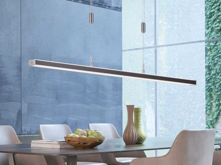 Lampada a sospensione LED stretta regolabile in altezza, dimmerabile e con colore della luce CCT, lunghezza 115 cm