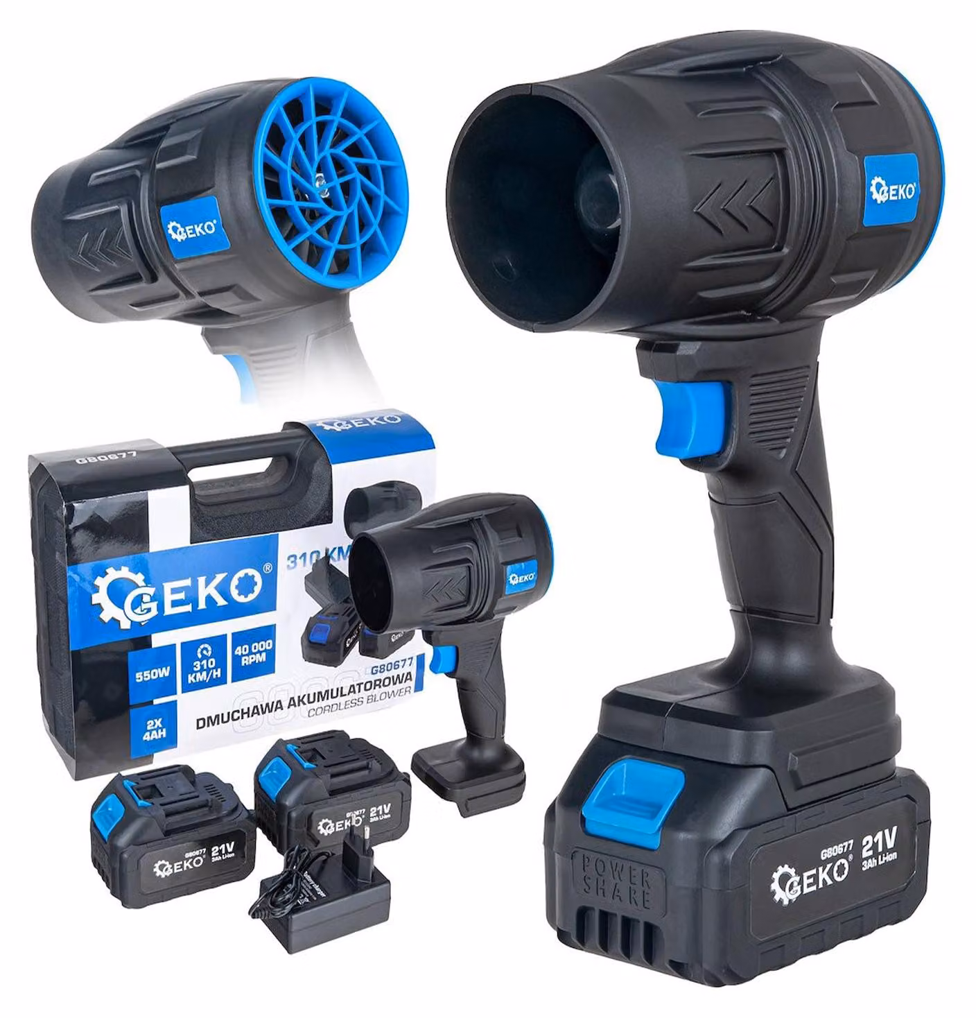 Soffiatore d’aria portatile 21 V con 2 batterie da 4.0 Ah Geko