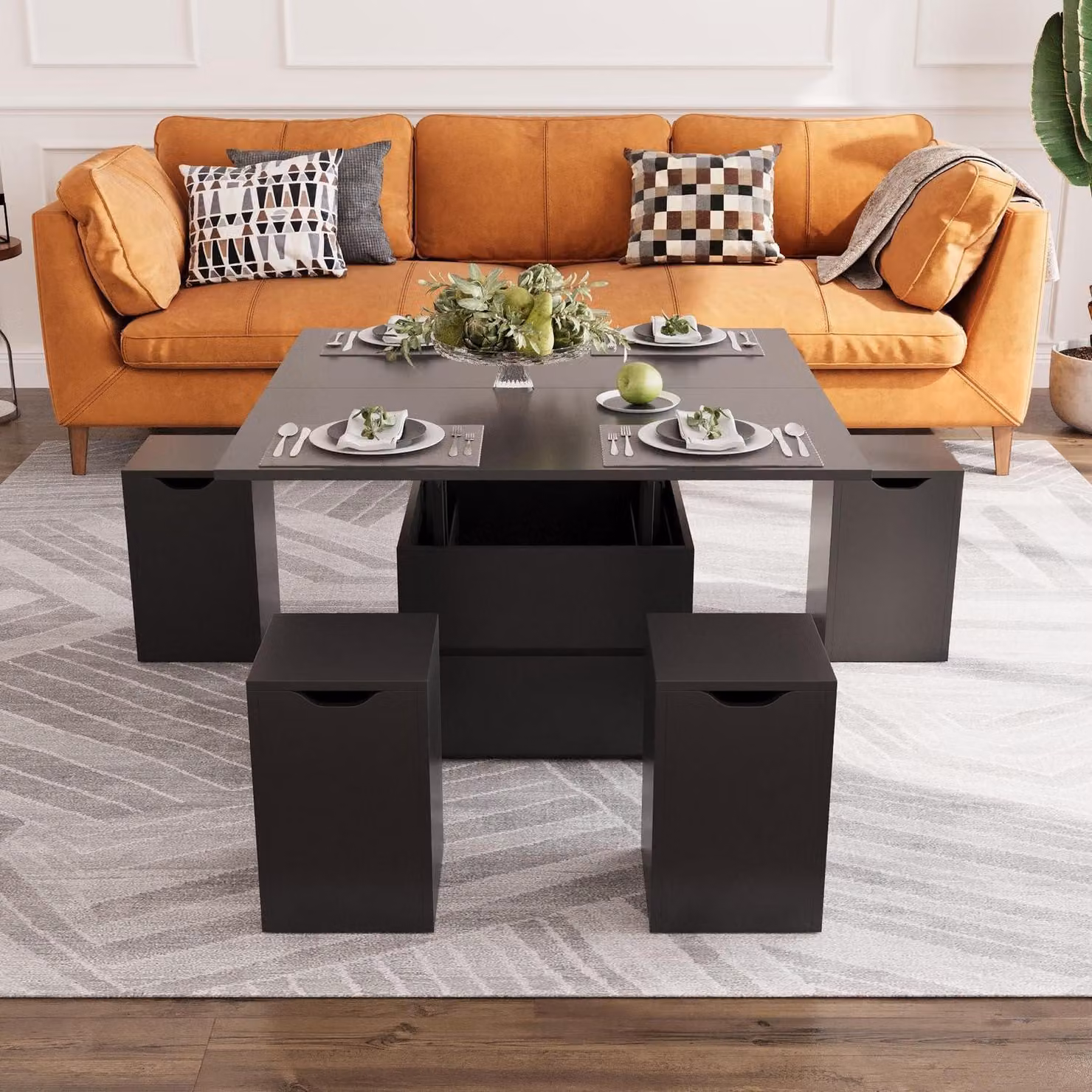 Tavolino da divano regolabile in altezza, con poggiapiedi, in legno nero, dimensioni 39,4" x 39,4"