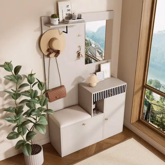 Set di mobili da ingresso MIVRAY bianco moderno con specchio, seduta imbottita, ganci e ripiani regolabili in MDF L/P/H: 110 x 37 x 185.5 cm