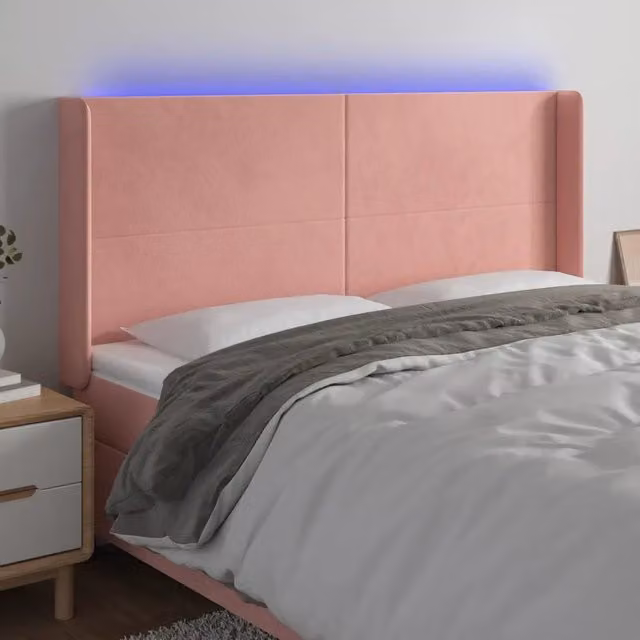 Testiera con LED Design Mania in Velluto Rosa con Porte USB, L: 183 cm, P: 16 cm, H: 118-128 cm – 1