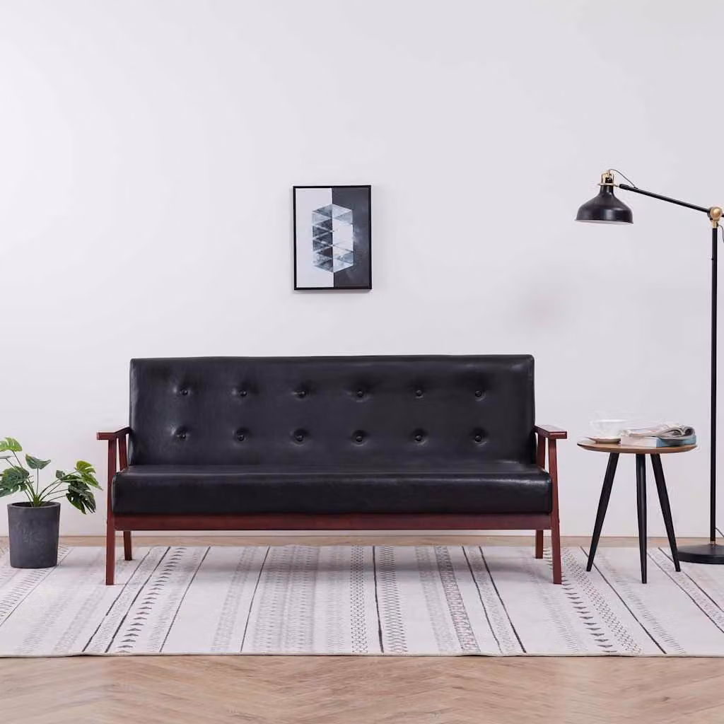 Divano a 3 posti vidaXL in similpelle nero con struttura in legno in stile retro per il tuo soggiorno