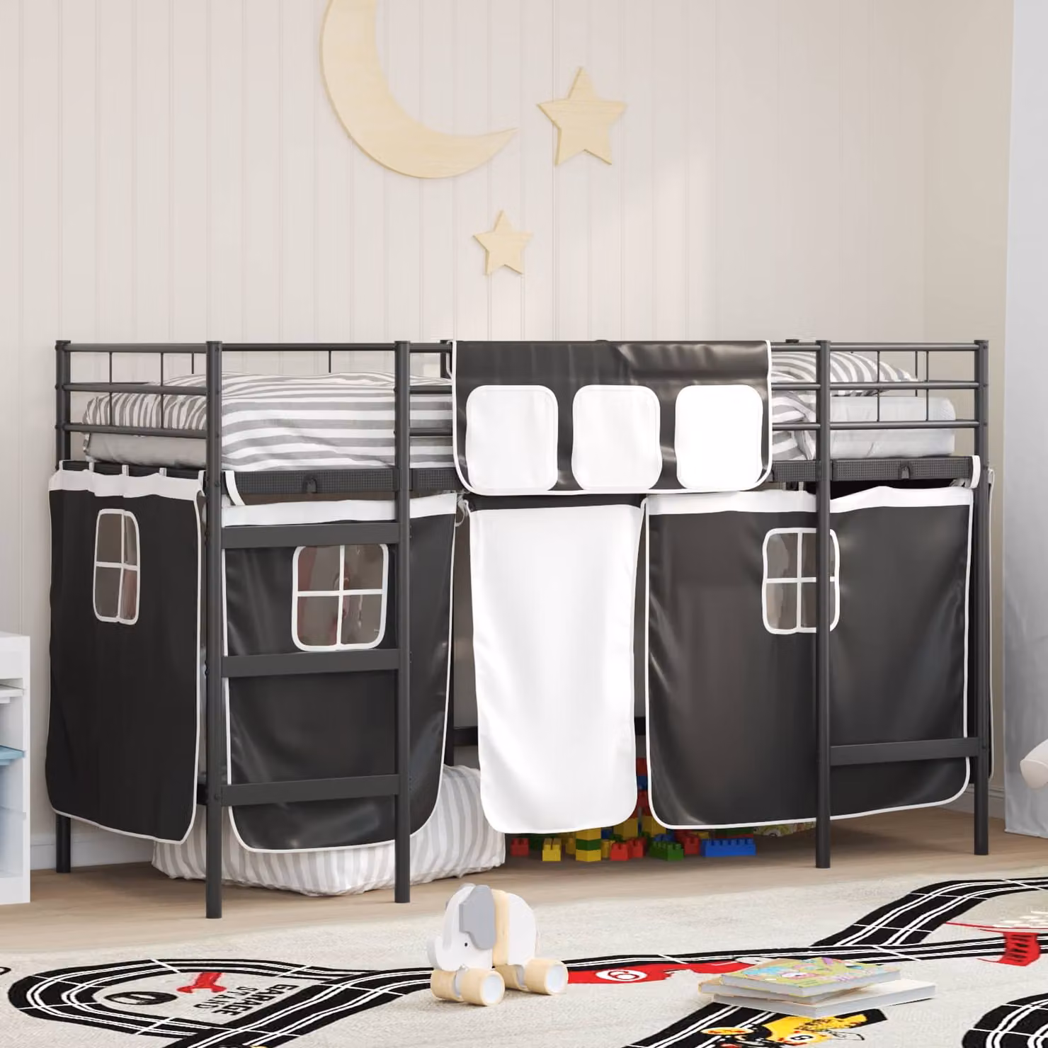 Letto a castello singolo vidaXL in metallo con scala e tende, Nero, L/P/H: 190 x 90 x 194 cm – 1