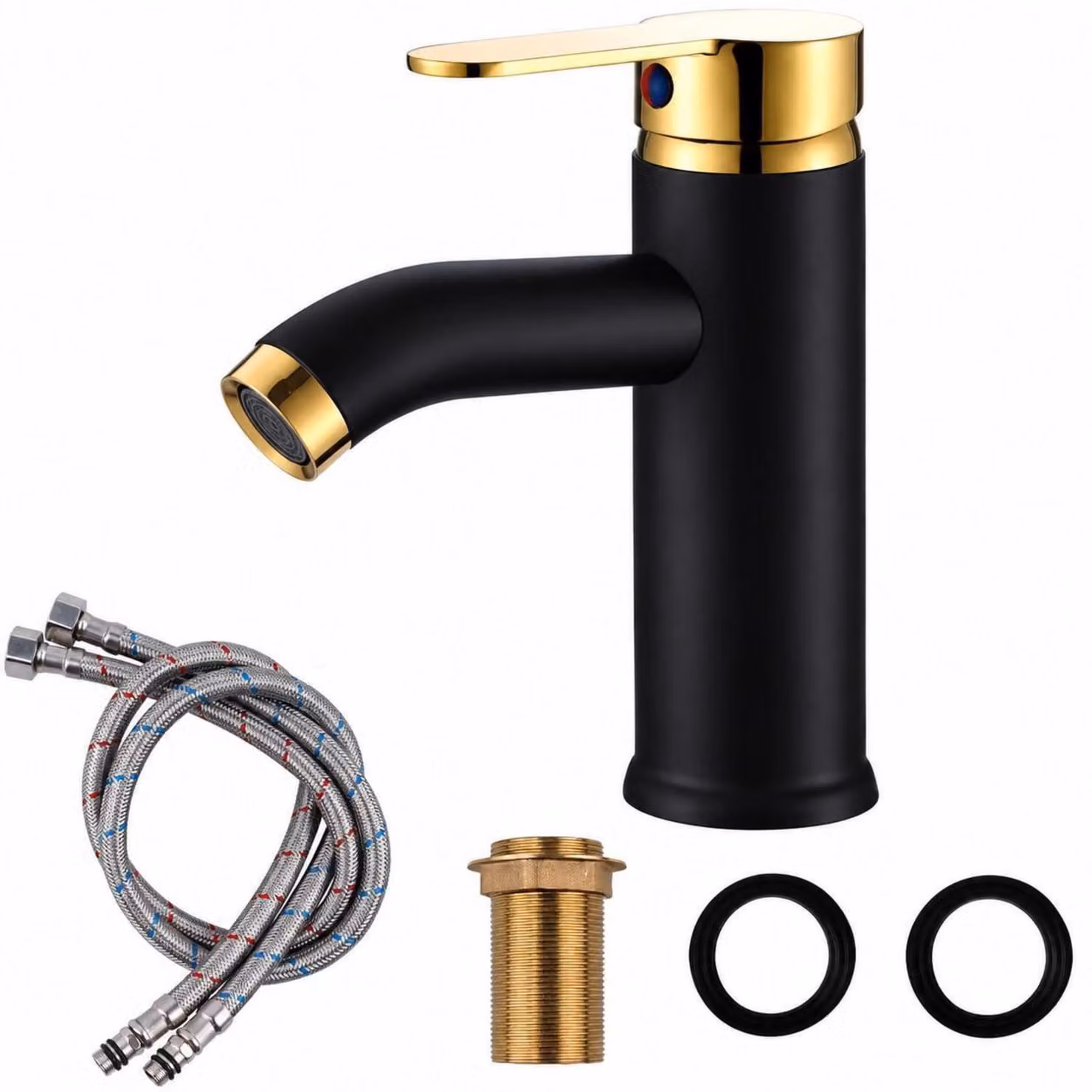 Rubinetto da bagno, acciaio inossidabile, miscelatore per lavabo, nero, finitura oro opaco, con inserto in Vetroceramica, 16,5 cm