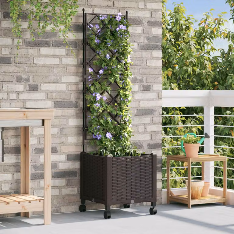 vidaXL Vaso da giardino con grigliato e ruote Marrone L: 40 cm, P: 40 cm, H: 149 cm