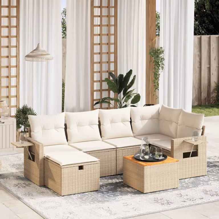 vidaXL Set Divani da Giardino 7 pz a L con Cuscini Beige e Struttura in Acciaio e Polyrattan