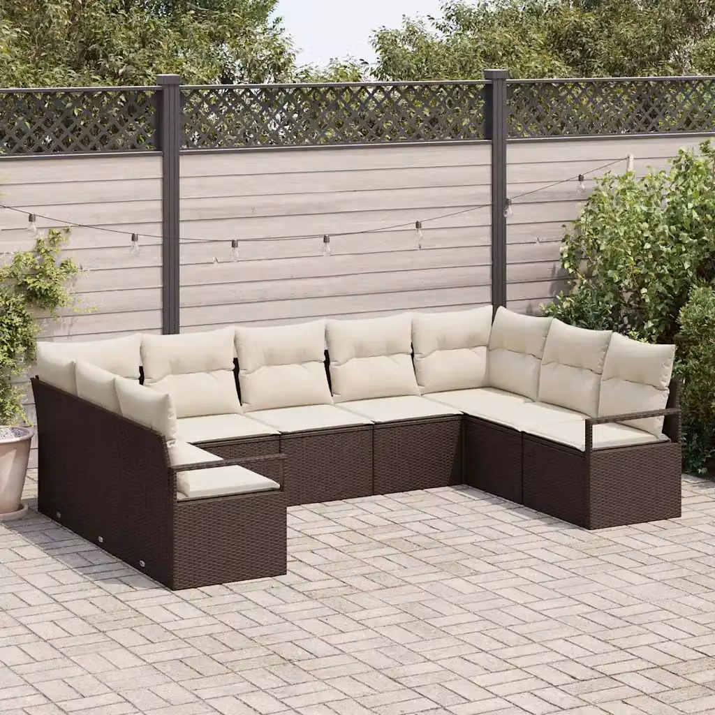 Set di divani da giardino vidaXL a forma di U composto da 9 pezzi in rattan marrone con cuscini beige e struttura in acciaio rivestito in polvere – 1