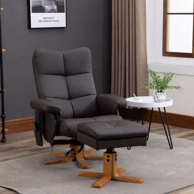 Poltrona relax reclinabile WISHDOR con poggiapiedi, girevole a 360°, in ecopelle marrone – 1