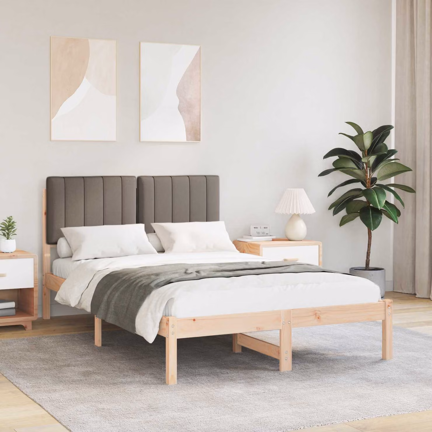 Letto moderno vidaXL in legno di pino con testiera rivestita in tessuto, colori beige, marrone e grigio, L/P/H: 205.5 x 120 x 84.5 cm