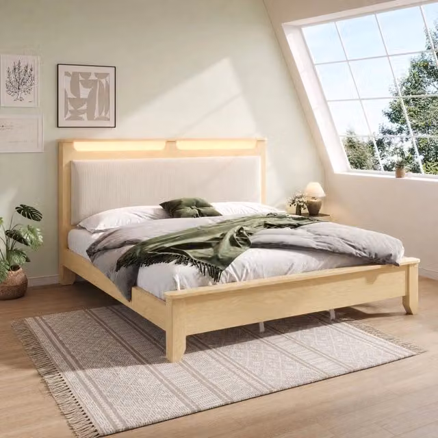 Letto moderno REDOM con illuminazione LED, vano portaoggetti e ripiani laterali in legno effetto quercia e beige, L/P/H: 200 x 140 x 110 cm