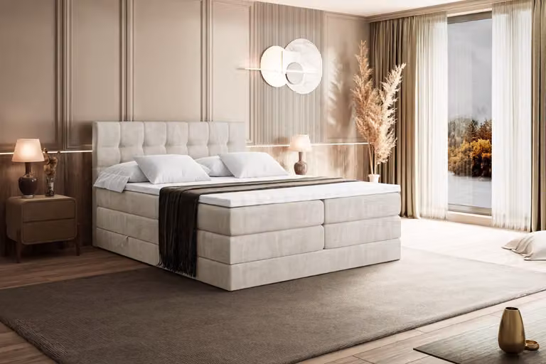 Letto boxspring ALTDECOR con materasso e rete a doghe - BERO KING 140x200 cm - Velluto beige - Topper, letto imbottito con contenitore, letto con vano portaoggetti H3 e H4 - Materasso, letto matrimoniale, letto boxspring