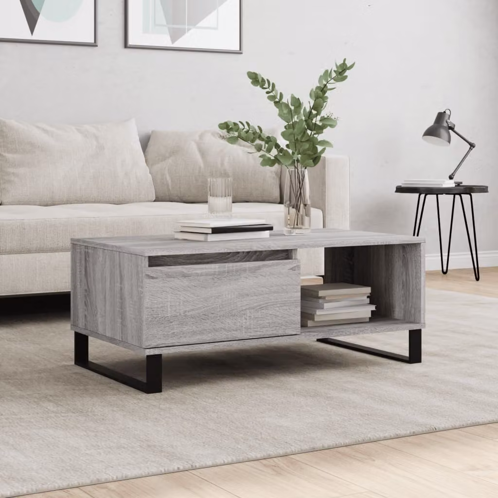 vidaXL Tavolino da salotto moderno in legno e metallo, colore grigio, L: 90 cm, P: 50 cm, H: 36,5 cm