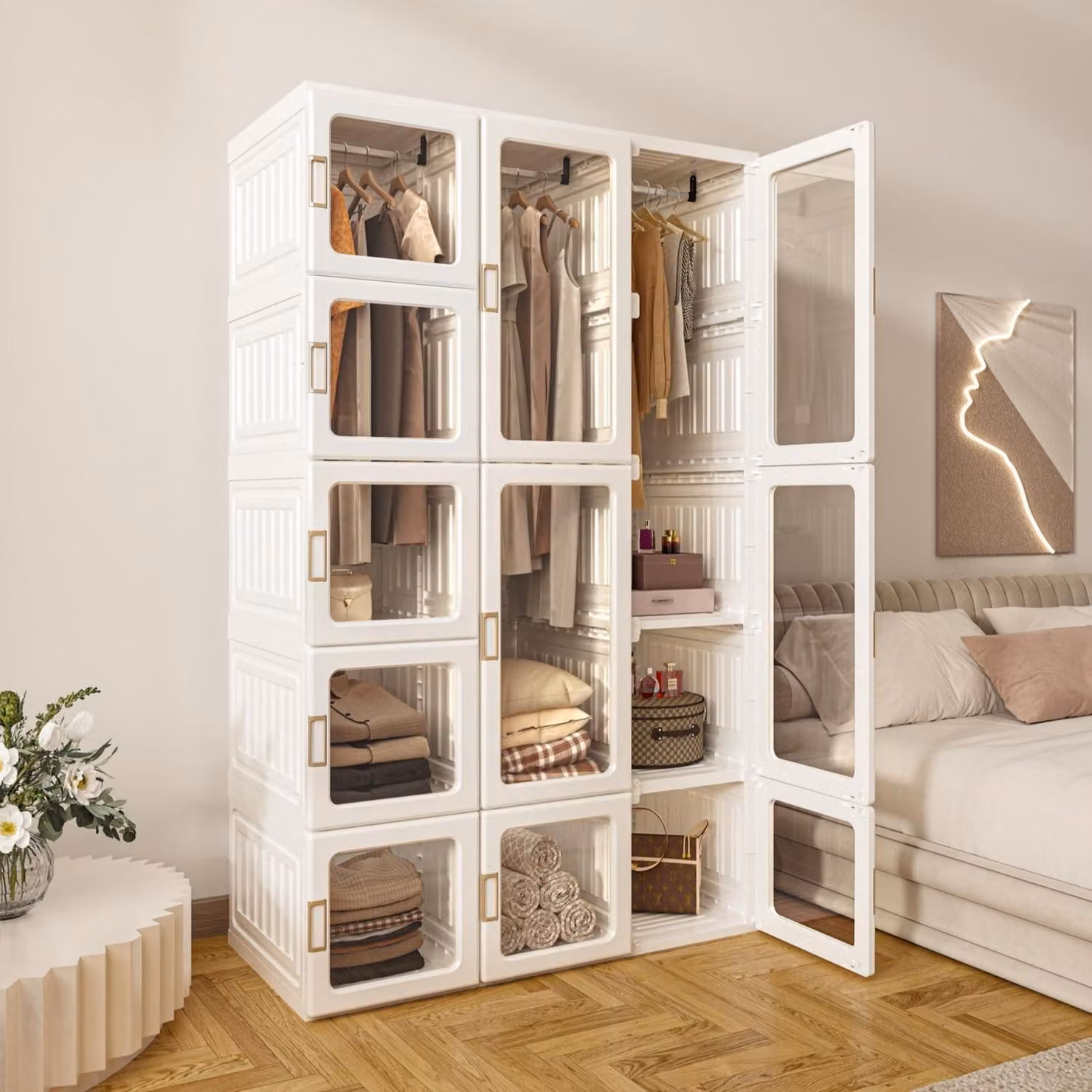 Armadio pieghevole, dimensioni 104x170x50 cm, bianco trasparente, con asta appendiabiti e ante magnetiche