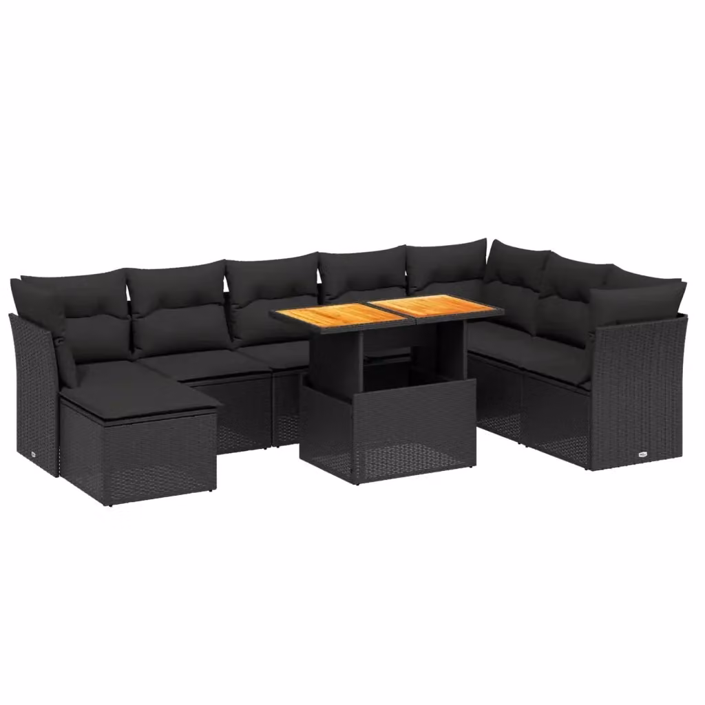 vidaXL Set Divani da Giardino 9 pz in Polyrattan Nero con Cuscini e Tavolino da Esterno – 2