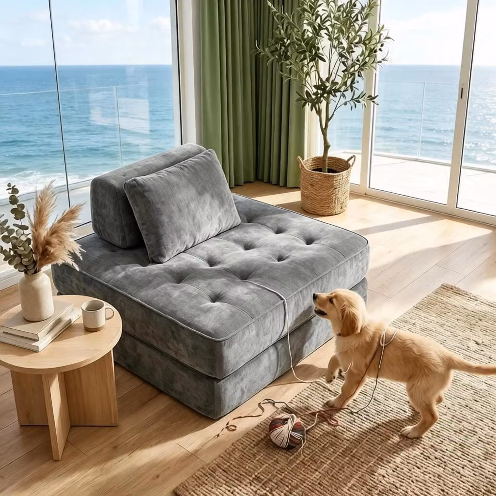 Divano letto singolo REDOM grigio in tessuto con struttura imbottita L: 97 cm, P: 97 cm, H: 70 cm – 2