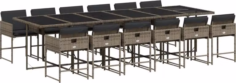 Set da Pranzo da Giardino 13pz con Cuscini Grigio in Polyrattan
