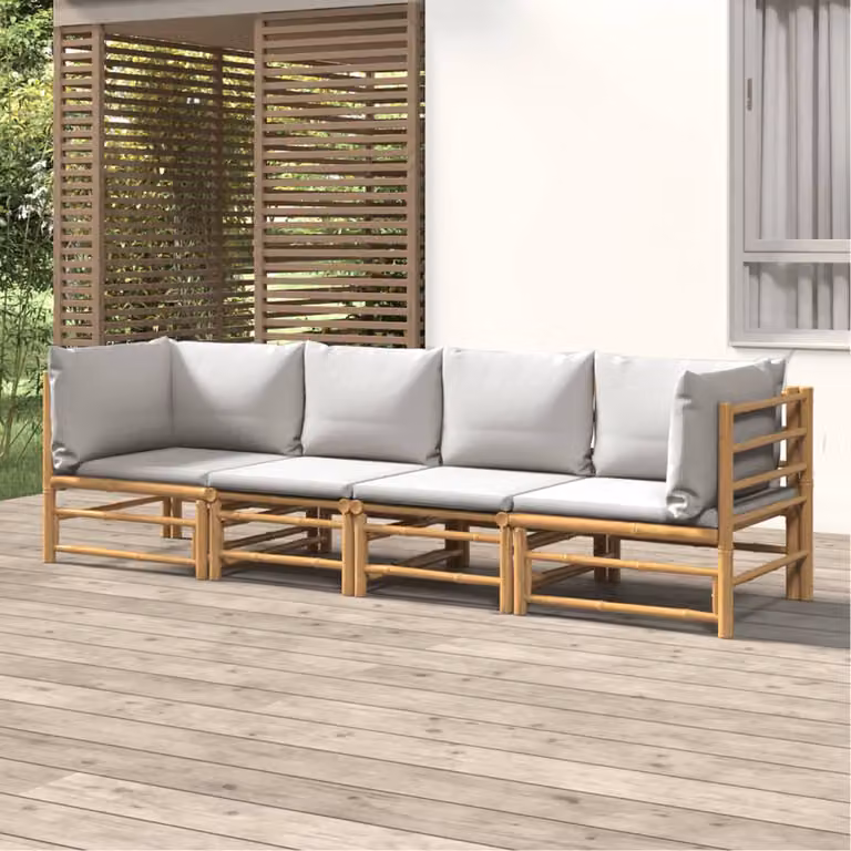 Set Salotto da Giardino vidaXL in Bambu con Cuscini Grigio Chiaro e Marrone