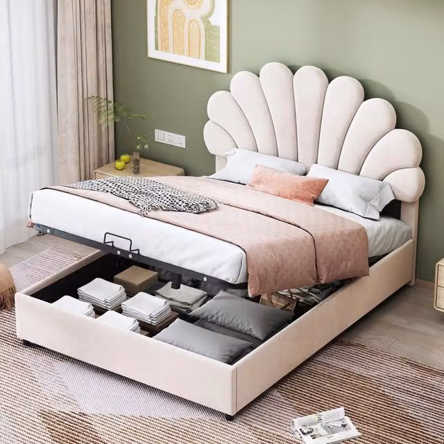 Letto imbottito 140x200 cm ¨C Minimal ¨C Beige velluto testiera regolabile struttura contenitore idraulico con rete a doghe