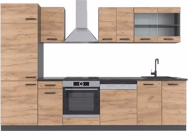 Cucina componibile moderna R-Line Vicco in rovere e antracite, larghezza: 300 cm