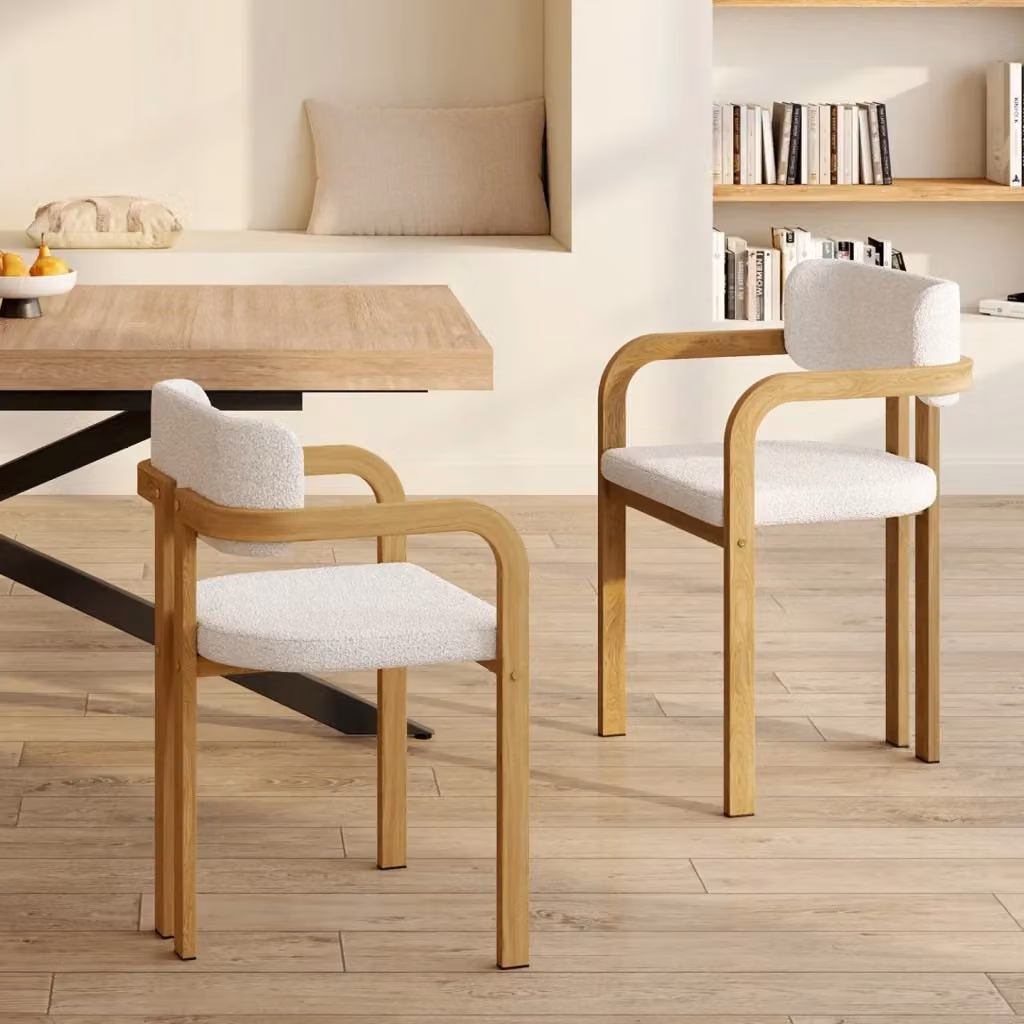 Set di 2 sedie da pranzo ESMA IDMarket con braccioli in tessuto bouclé bianco e struttura in metallo effetto legno – 2