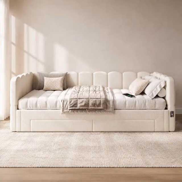 Letto da giorno estraibile 90x200 cm con 2 cassetti, USB e USB-C in lino beige