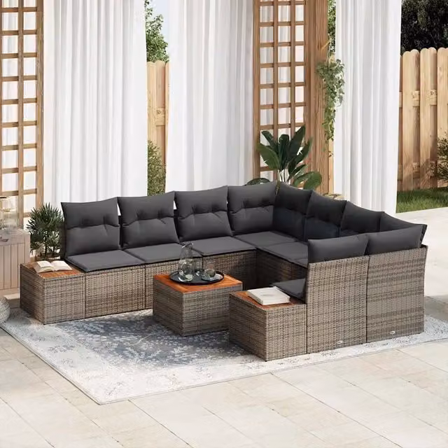 vidaXL Set Divano da Giardino Moderno in Polyrattan Grigio con 9 Pezzi e Tavolino da Caffè – 1