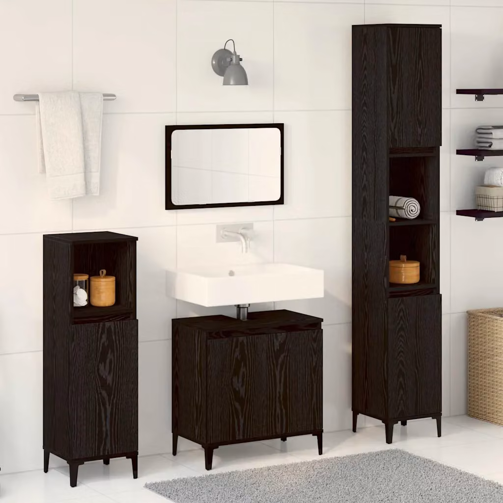 Set di mobili per il bagno moderno vidaXL composto da 3 pezzi in nero opaco, include base lavabo, mobile laterale e colonna alta, H x L x P: 180 x 30 x 30 cm