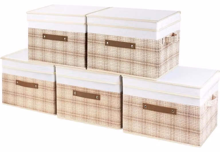 Contenitore pieghevole con coperchio, design patchwork, 38x25x25 cm, confezione da 5 pezzi, colore beige-bianco