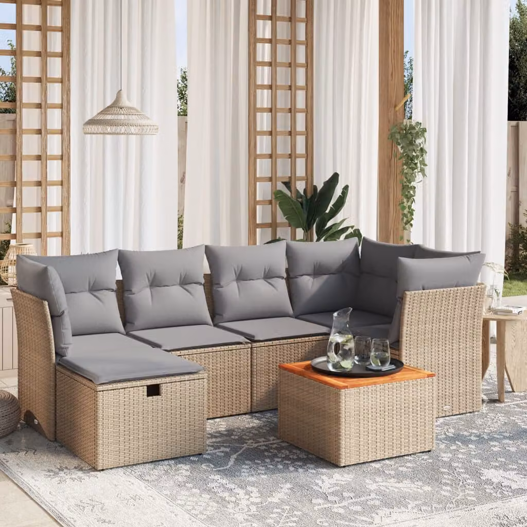 vidaXL Set Divano da Giardino 7 pz a L con Cuscini Beige e Grigio in Polyrattan e Acciaio – 1
