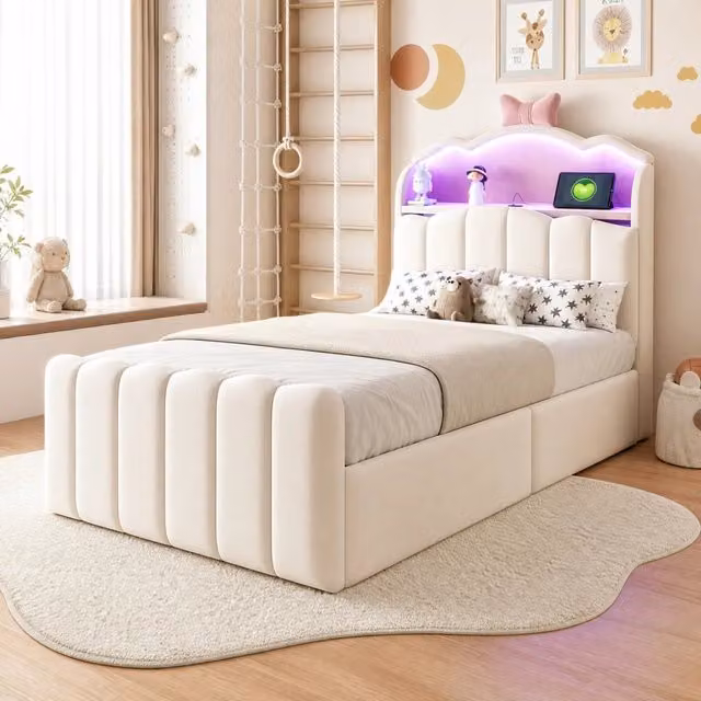 Letto per bambini imbottito 90x200 cm con contenitore idraulico; LED; USB e USB-C; beige