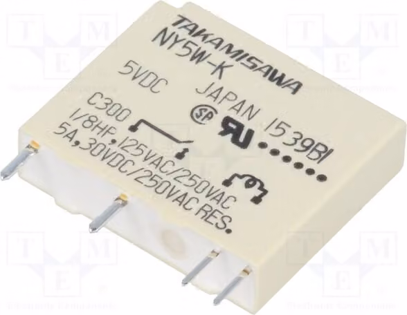 1 relè: bobina elettromagnetica, alimentazione: 5 VDC, 3 A, massimo 250 VAC, modello NY-5W-K