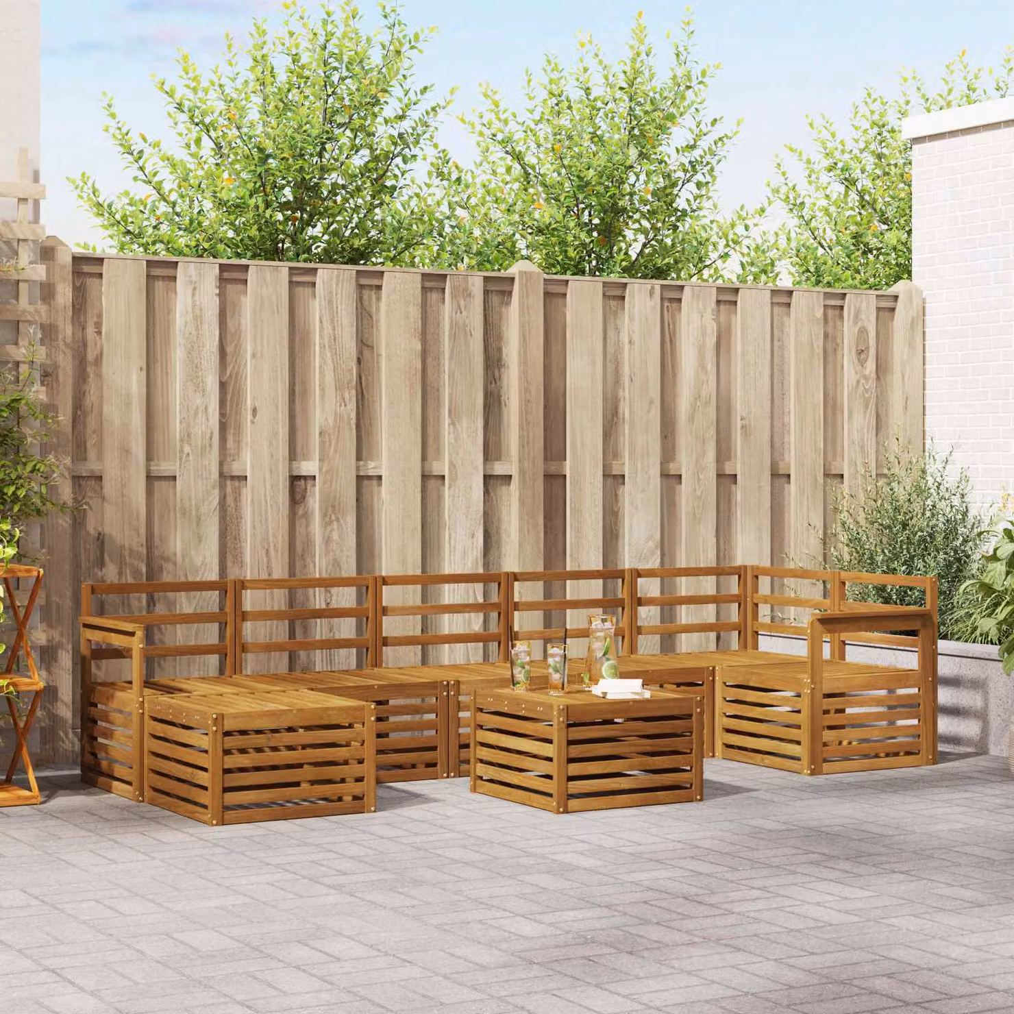 Set di divani da esterno vidaXL 8 pezzi in legno di acacia marrone con cuscini e tavolino da giardino a forma di L