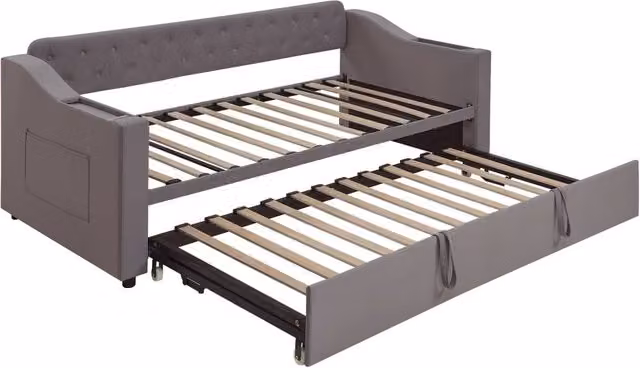 Letto singolo estraibile con vano contenitore e porte USB e Type-C, rivestimento in tessuto grigio, L/P: 90 x 190 cm