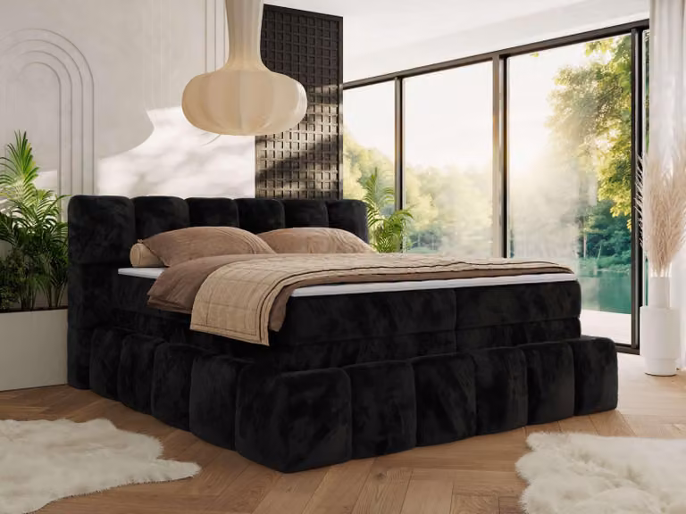 MKS MEBLE letto a molle insacchettate 200 x 200 con rete NIRA KING, letto imbottito a 7 zone con materasso multitasche e topper, letto matrimoniale - peluche nero - H4