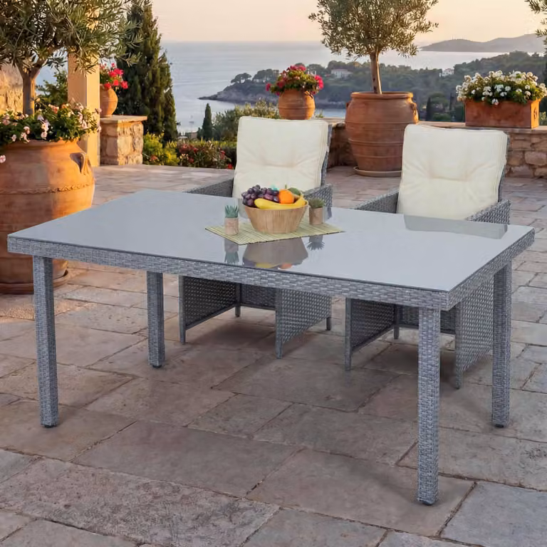 Tavolo da giardino in polyrattan Chieti, tavolo da pranzo con piano in vetro, 160x90x74 cm ~ grigio