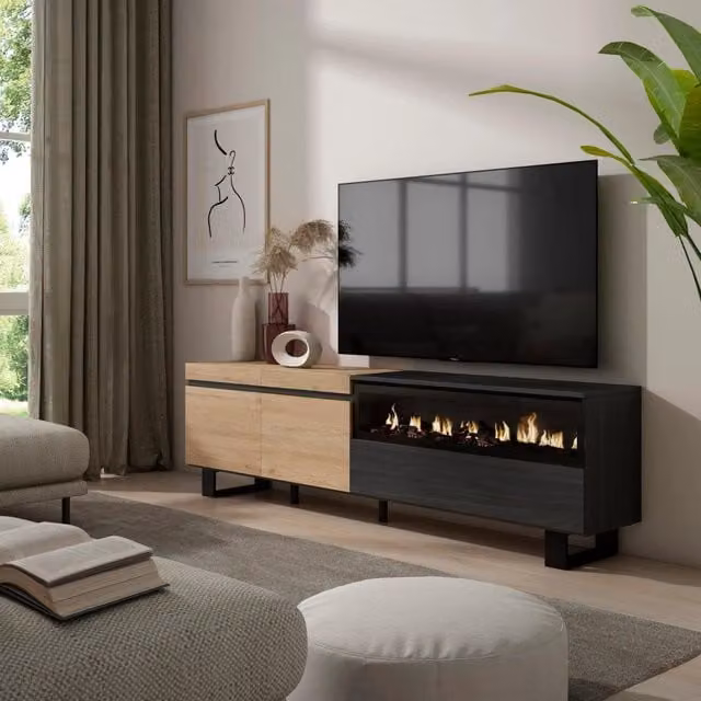 Mobile TV, 200x35x57cm, soggiorno, Per TV fino a 80", Camino elettrico, Design industriale, colore Rovere e nero RF2266