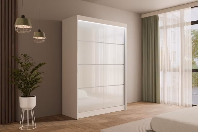 Armadio ALTDECOR con ante scorrevoli Lacobel, guide su cuscinetti a sfera e listelli in alluminio, illuminazione a LED (bianco + 16 colori) e telecomando - PEKA3 - 150 cm Bianco / Bianco
