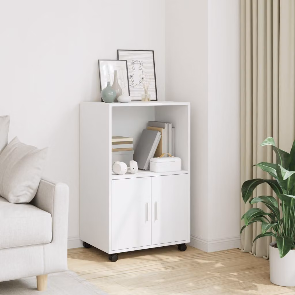 Mobile con ruote vidaXL bianco in MDF con ante a battente e ripiani interni L/P/H: 55 x 40 x 91 cm