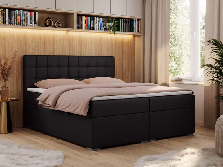Letto boxspring, letto matrimoniale, letto imbottito con testiera, contenitore - CARMEN - 140x200 - Nero - Ecopelle - H3