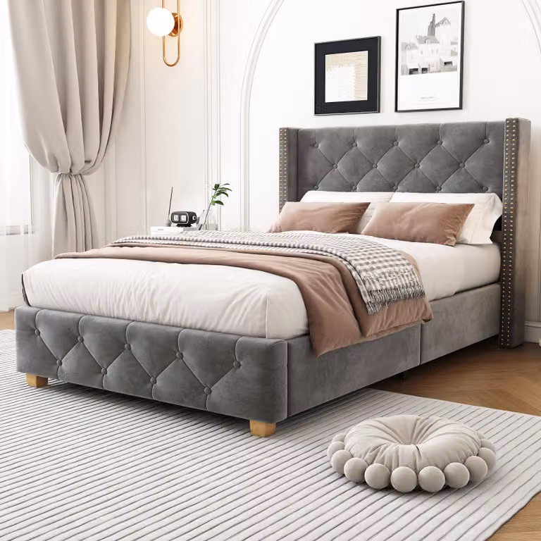 okwish Letto imbottito 90x200 cm, singola con testiera e rete, rivestito in velluto con trapuntatura a bottoni e rivetti, colore grigio, senza materasso