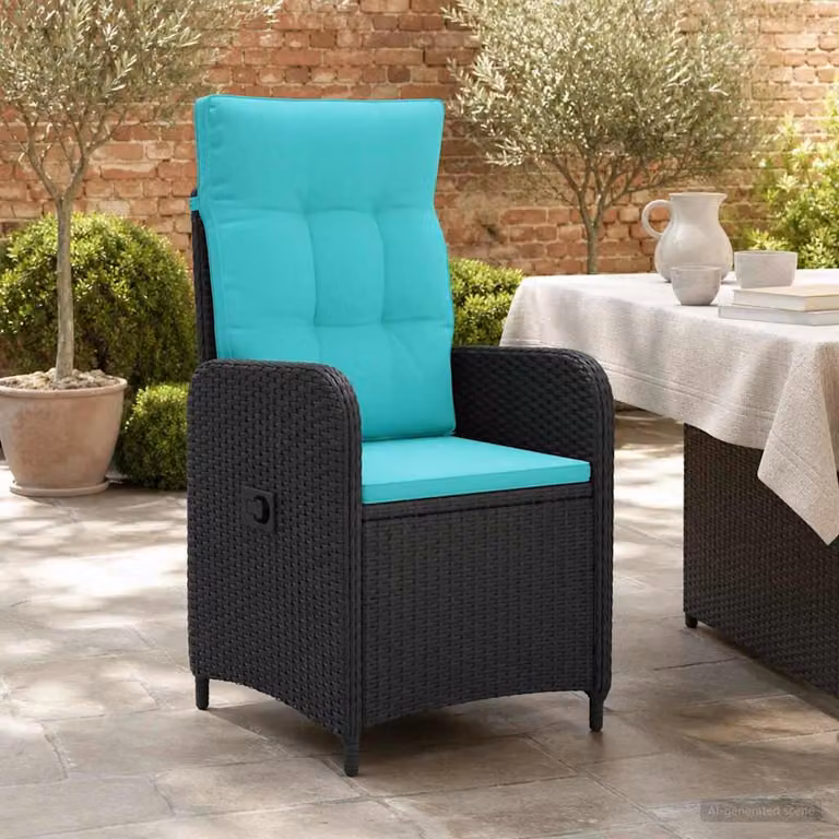 Sedia da giardino reclinabile vidaXL in polyrattan con cuscini, Nero e Turchese
