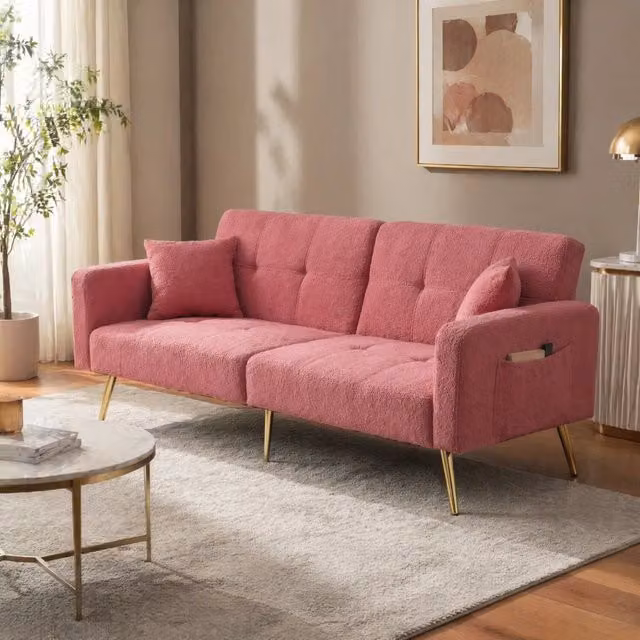 Divano letto MIVRAY moderno rivestito in sherpa rosa con schienale regolabile e gambe dorate