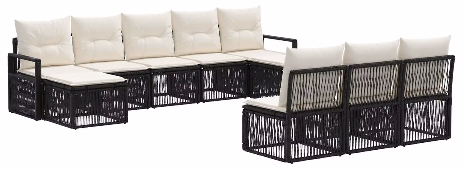 Set da giardino composto da 10 pezzi, colore nero, realizzato in rattan sintetico